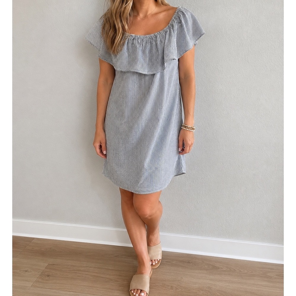 Allison Joy Women's‎ M 100% Cotton Blue White Striped Off Shoulder Mini Dress